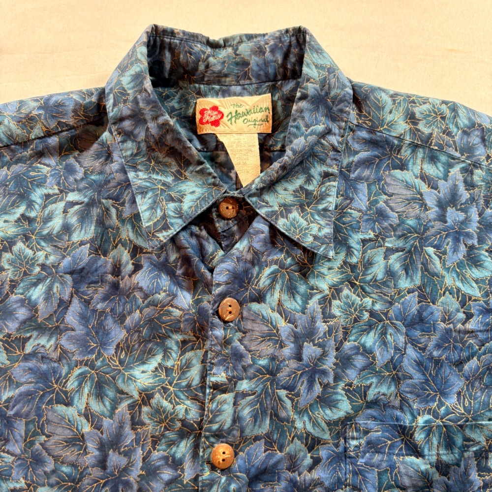 Hilo Hattie Hawaiian Shirt Mens L Blue Gold Metallic Floral Button Down Cotton